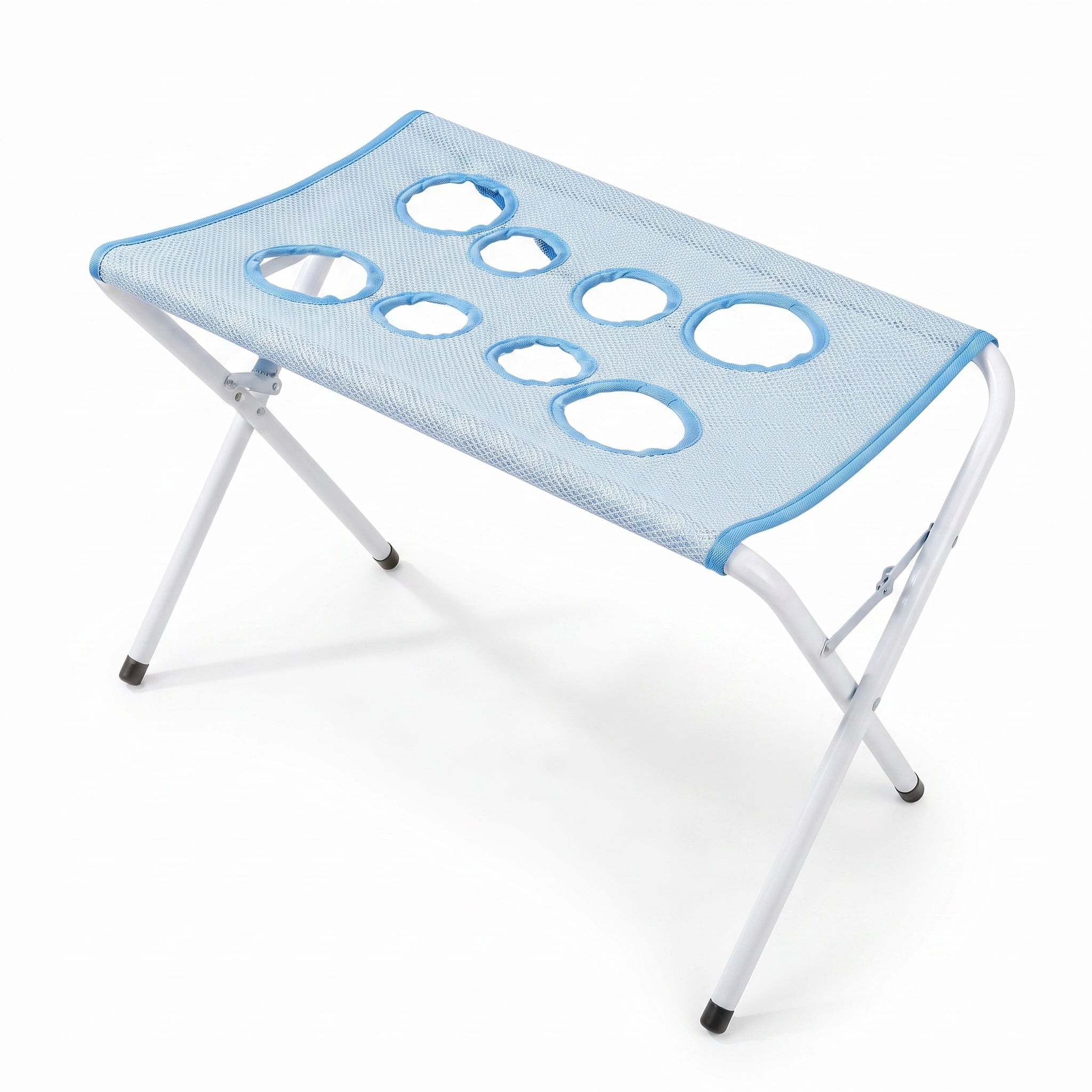 Fetch & Fuzz Shower Stand - folding grooming stand with a blue mesh top and reinforced leg openings