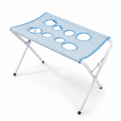 Fetch & Fuzz Shower Stand - folding grooming stand with a blue mesh top and reinforced leg openings