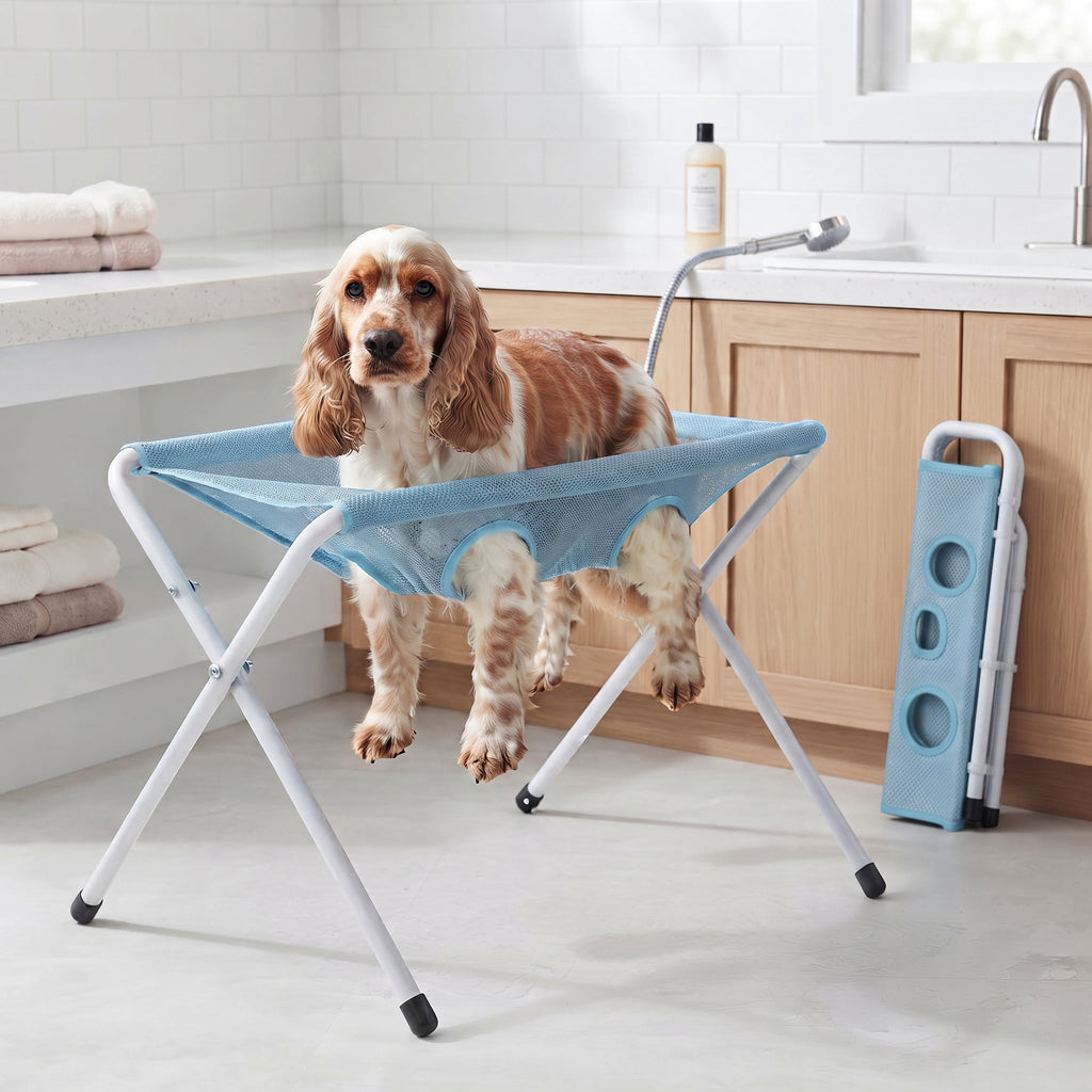 Cocker spaniel standing on the Fetch & Fuzz Shower Stand in a bathroom, folded stand beside it