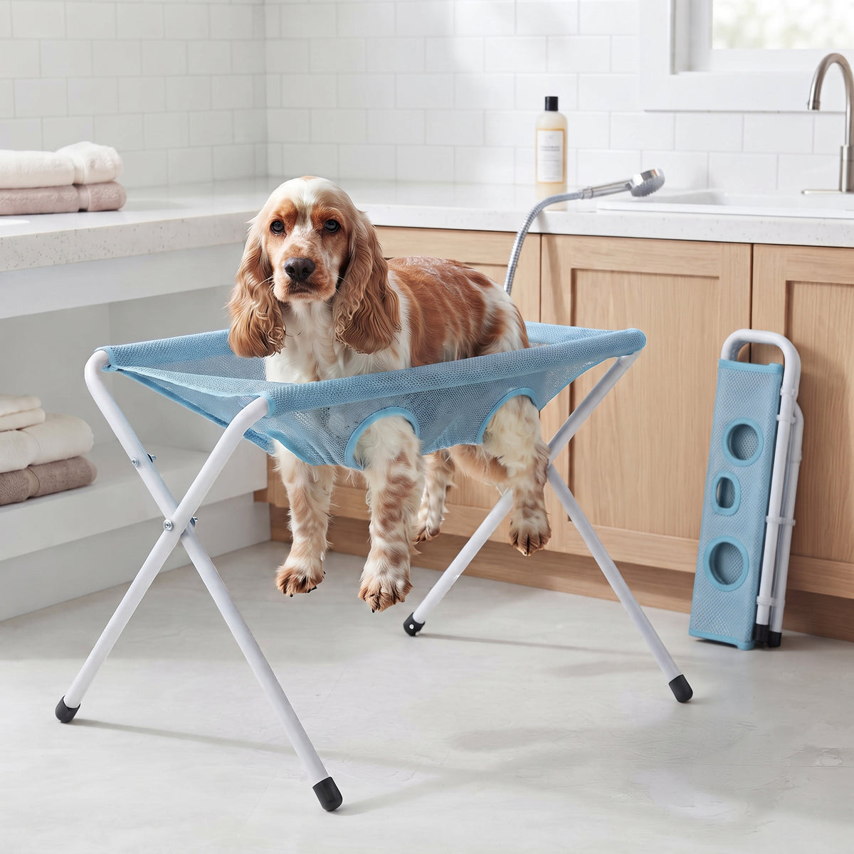 Cocker spaniel standing on the Fetch & Fuzz Shower Stand in a bathroom, folded stand beside it