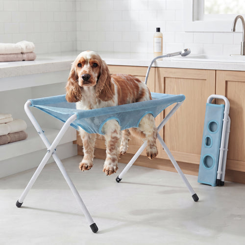 Cocker spaniel standing on the Fetch & Fuzz Shower Stand in a bathroom, folded stand beside it