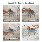An all-in-one pet care stand for giving medicine, ear cleaning, nail trimming and bathing
