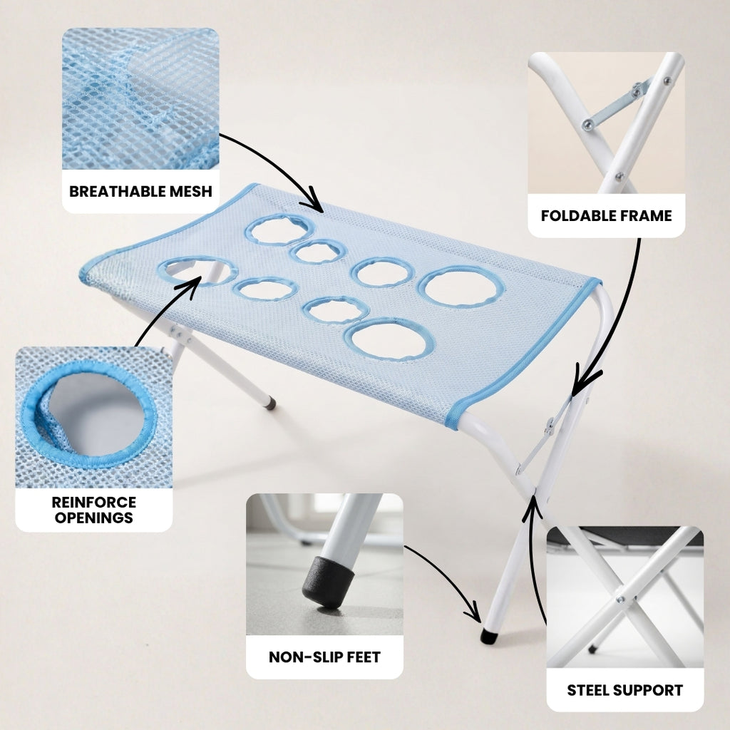 Features: breathable mesh, reinforced leg openings, foldable frame, steel support and non-slip feet