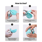 Aqua Blue Travel Cup, how to use in four steps - flip up the bowl, pour, tilt back, refit the lid