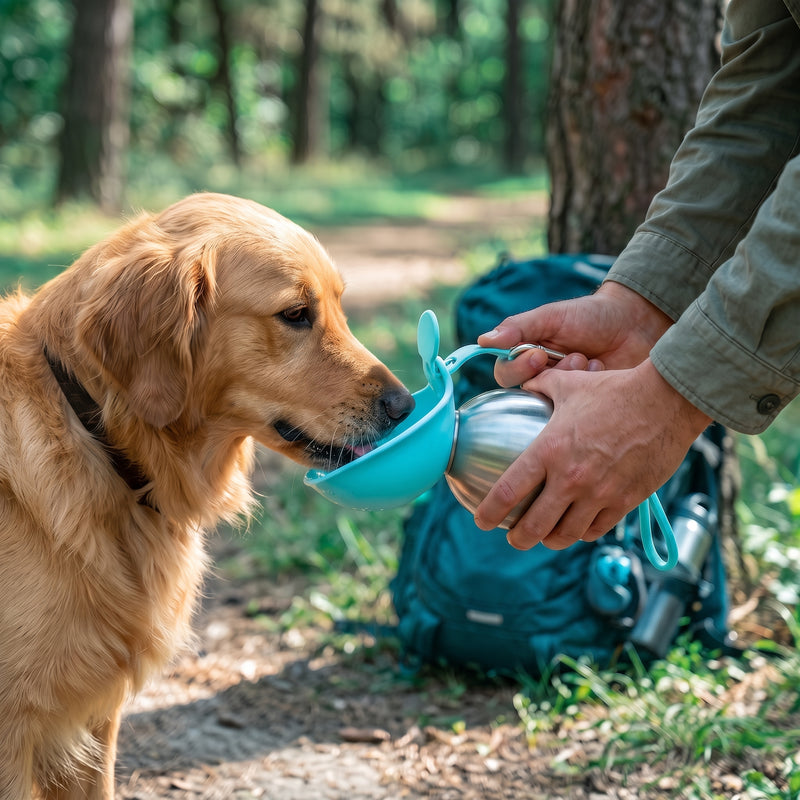 Golden retriever drinking from the Aqua Blue Travel Cup bowl on a woodland trail
