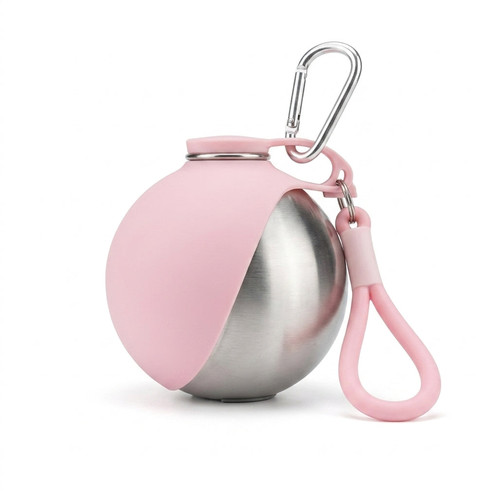 Fetch & Fuzz Travel Cup in Pink - stainless steel canteen with silicone bowl, lid and carabiner